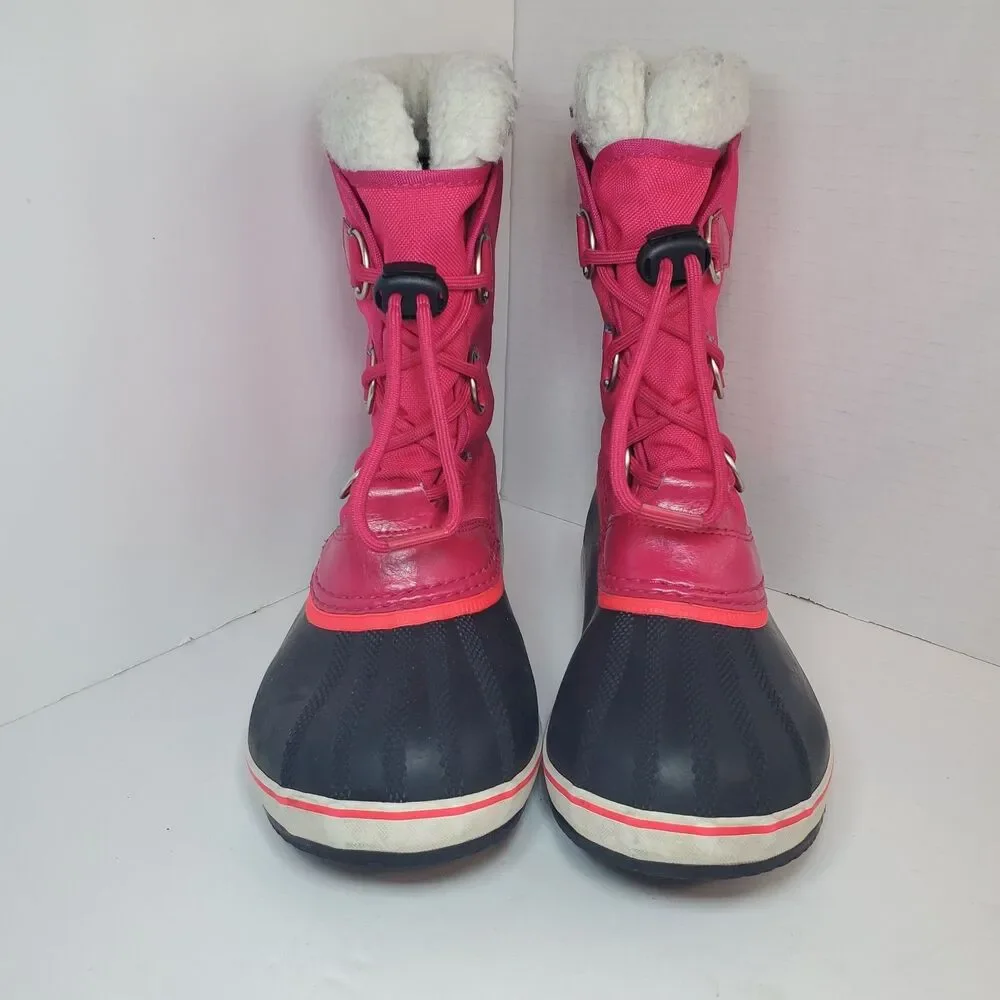Sorel Girls Sz 5 Yoot Pac Snow Boots Pink Black Waterproof Winter Faux Fur EUC